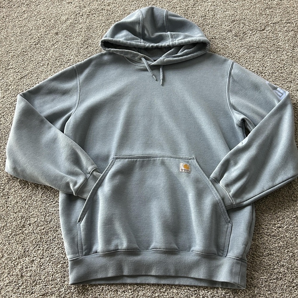 Carhartt Hoodie Mens M Blue Fleece Pullover Sleeve Logo Workwear Sweatshirt